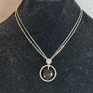 Etienne Aigner Silver Tone Double Chain Pendant Necklace – Black Stone